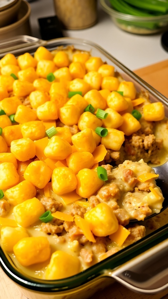 A delicious hamburger tater tot casserole with beef, cheese, and crispy tater tots, garnished with green onions.